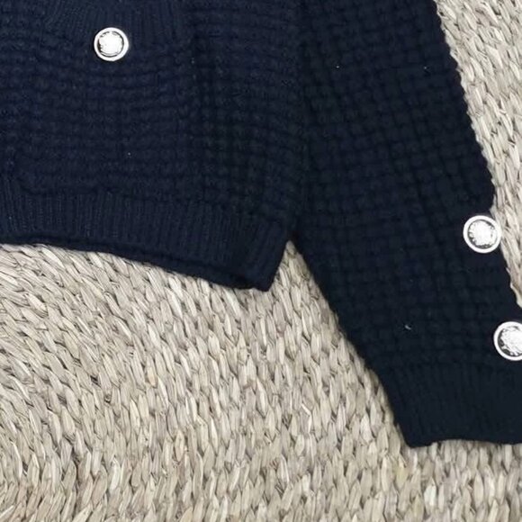 Navy Chunky Knit Double Breasted Silver Button Crop Cardigan - Picture 4 of 4